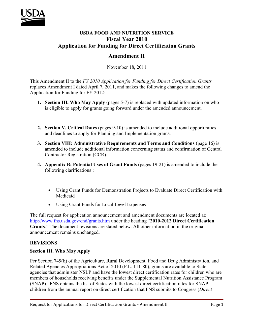 Application for Funding for Direct Certification Grants