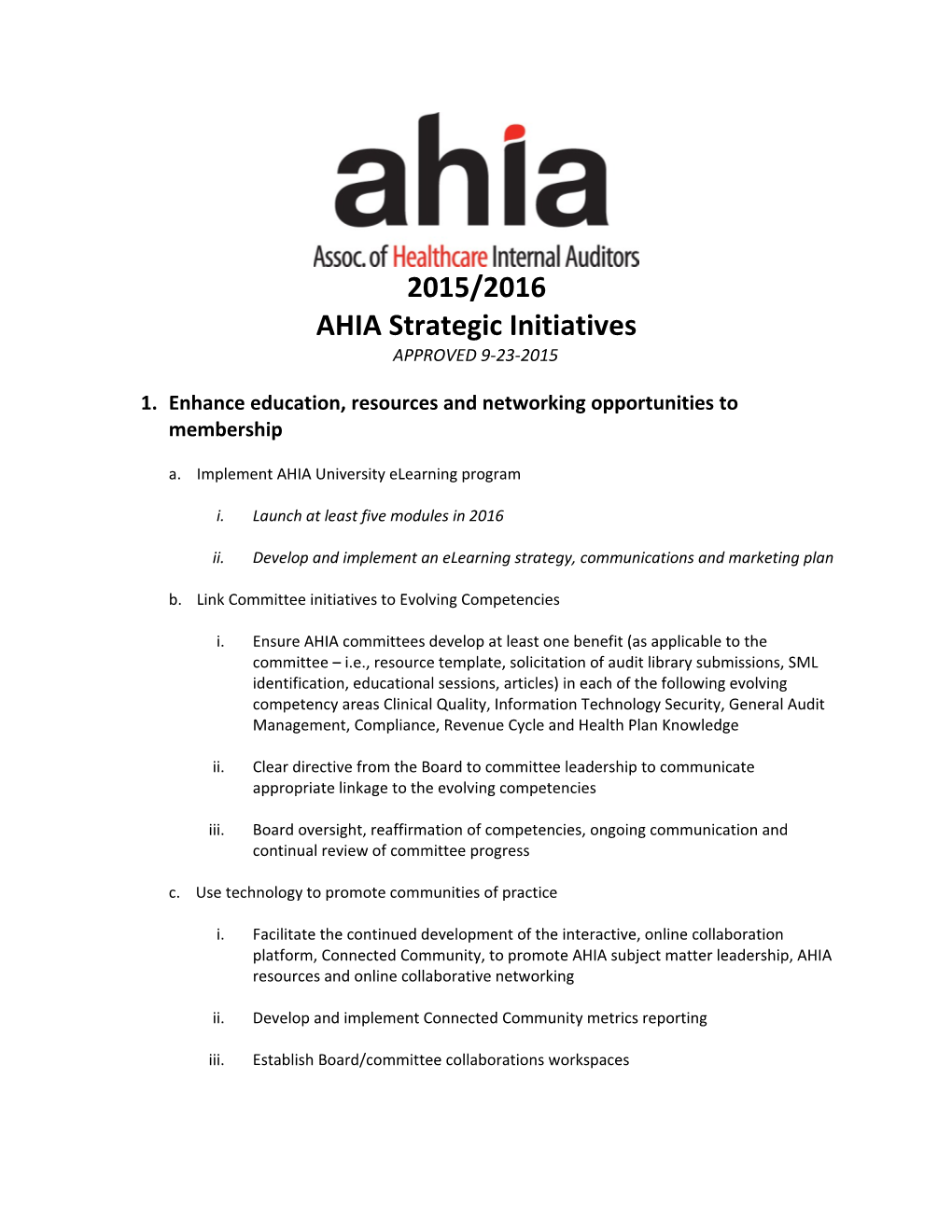 AHIA Strategic Initiatives