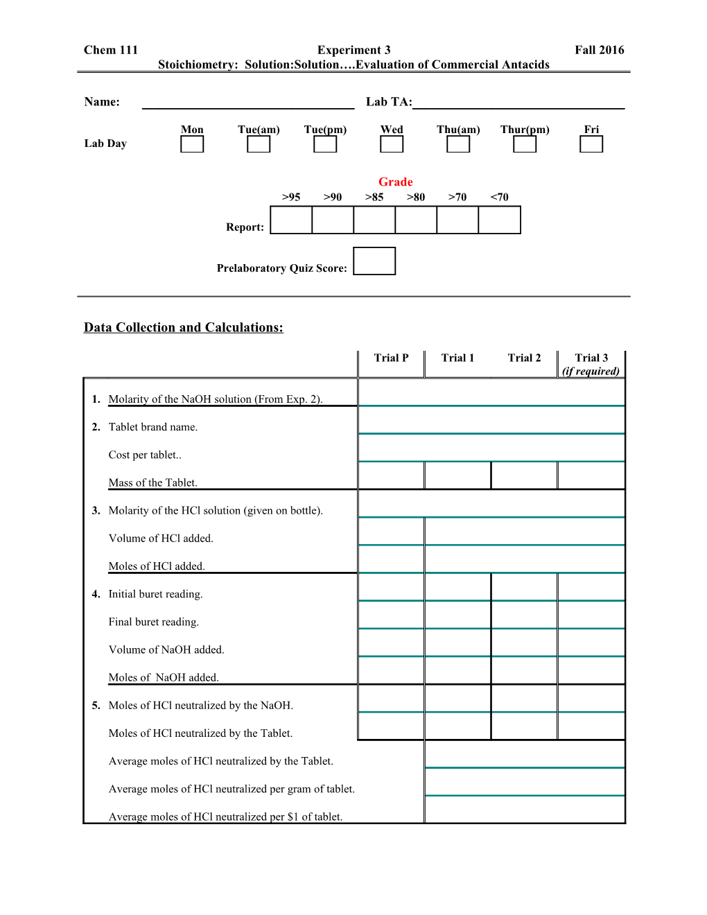 Data Collection and Calculations