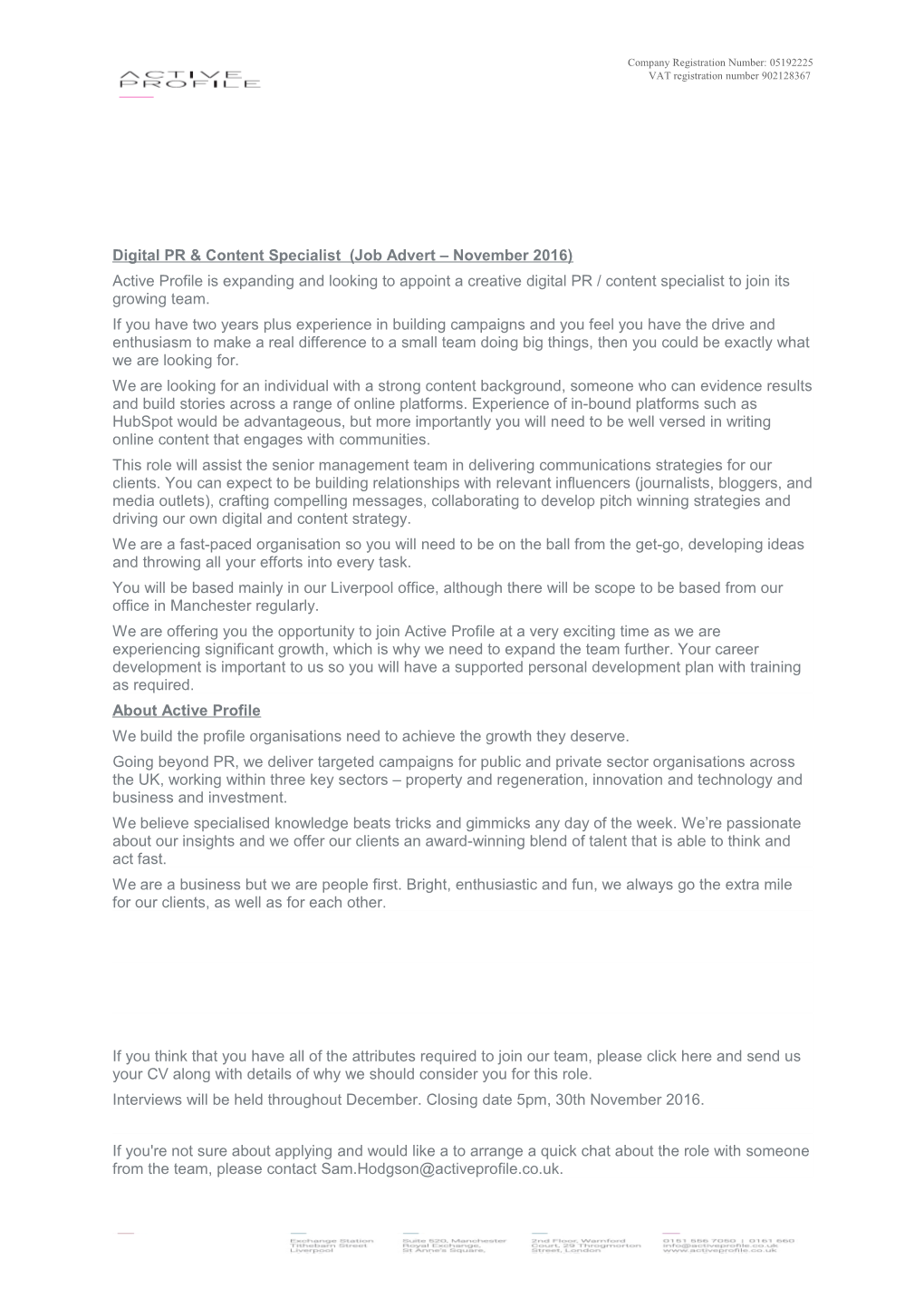 Digital PR & Content Specialist (Job Advert November 2016)