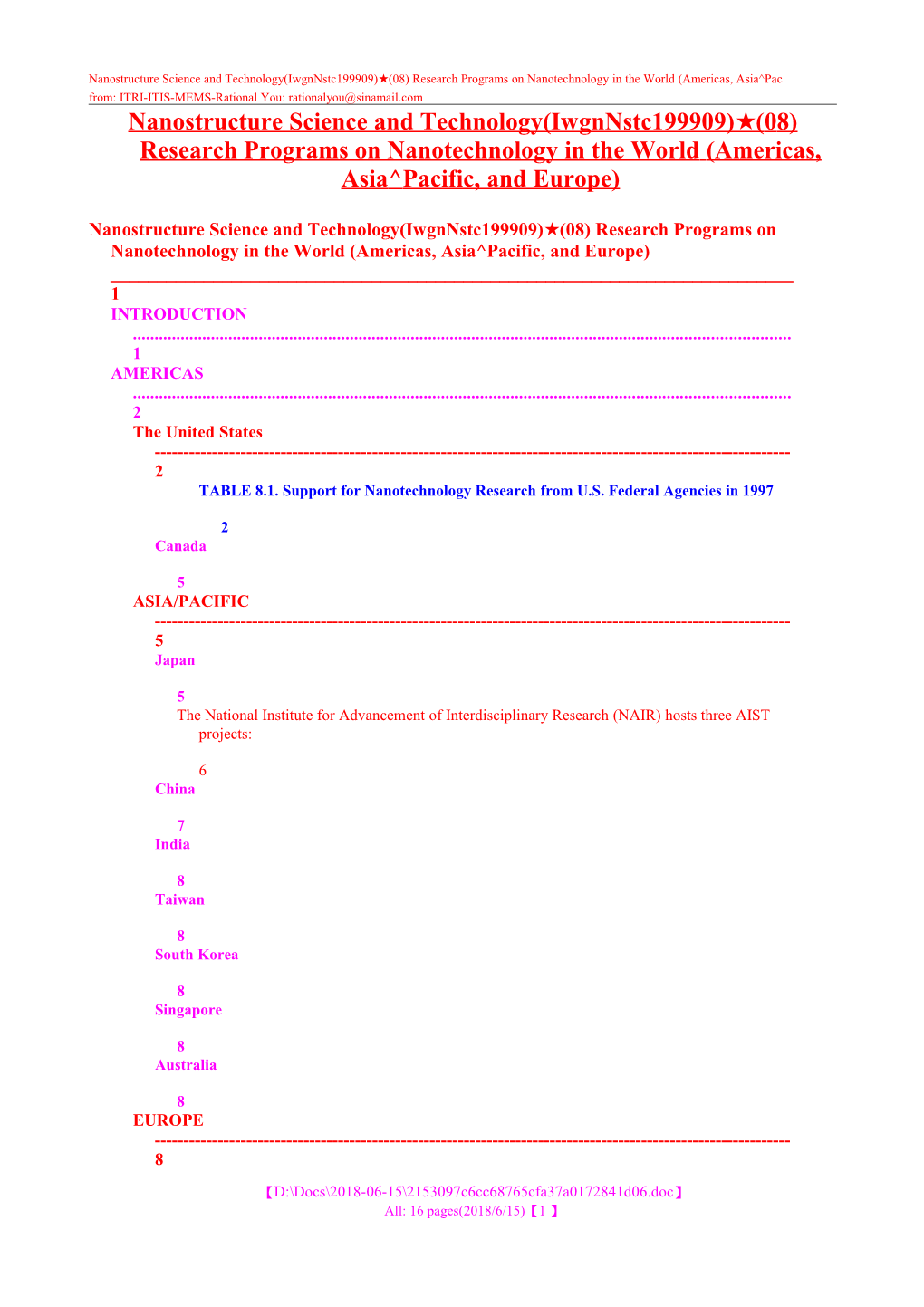 Nanostructure Science and Technology(Iwgnnstc199909) (08) Research Programs on Nanotechnology