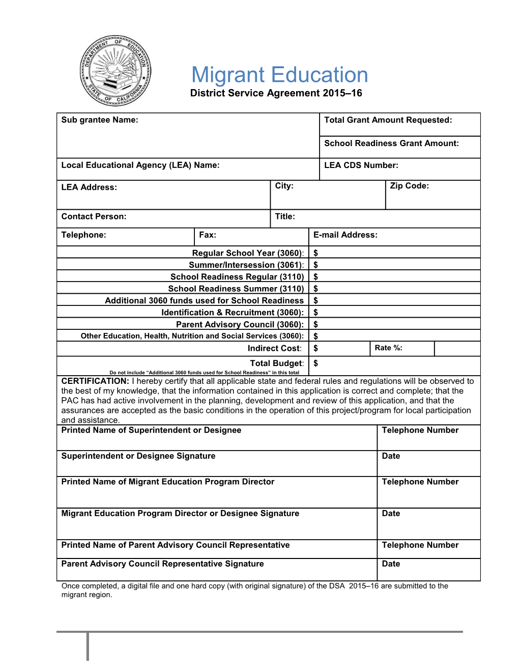 Form5-15: Migrant Program Application (CA Dept of Education)