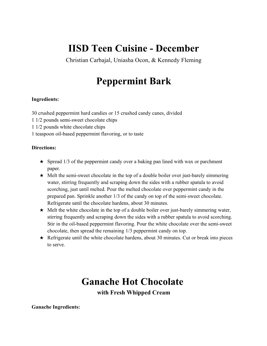 IISD Teen Cuisine - December