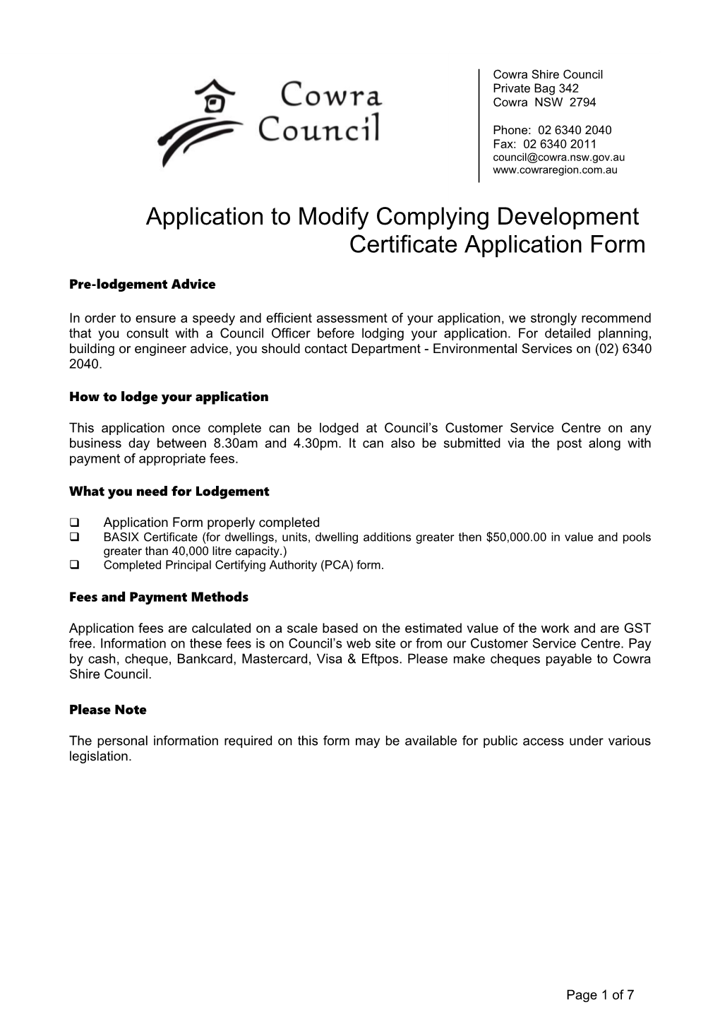 Application to Modify Complying Development