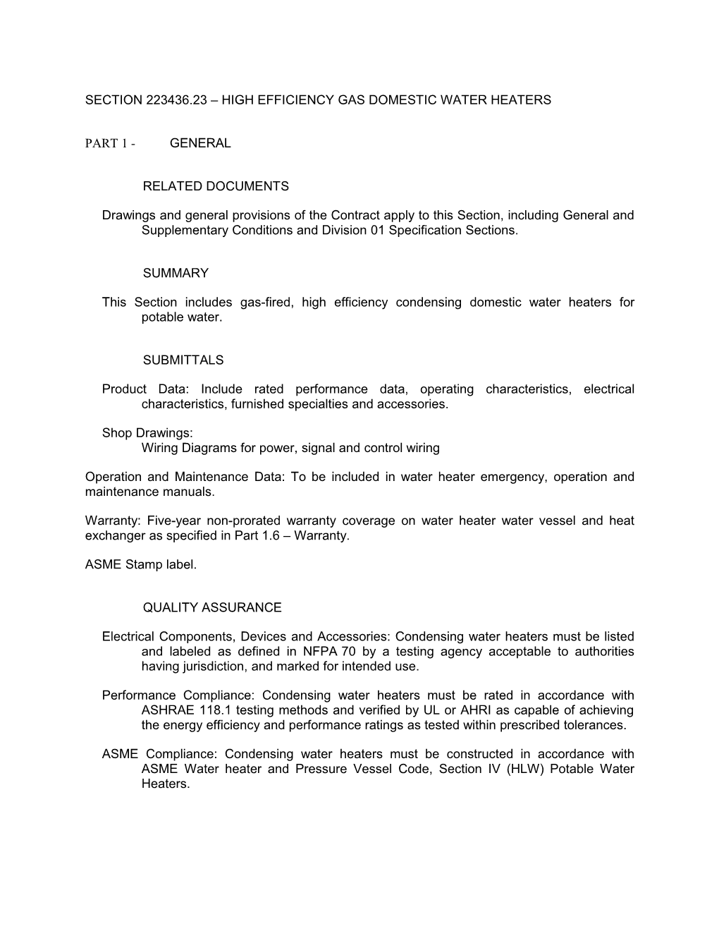 Section 223436.23 High Efficiency Gas Domestic Water Heaters
