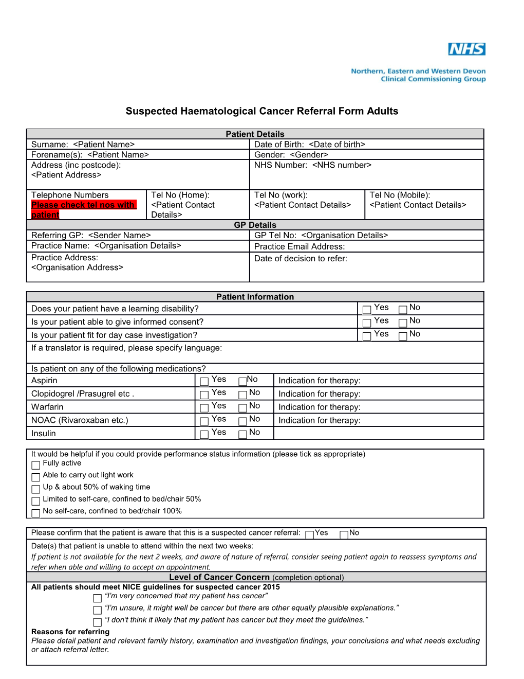 Suspected Haematological Cancer Referral Form Adults