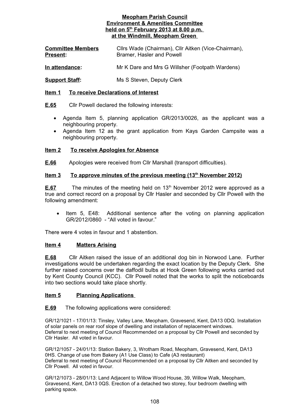 Notes for the Chairman, Environment & Amenities Meeting