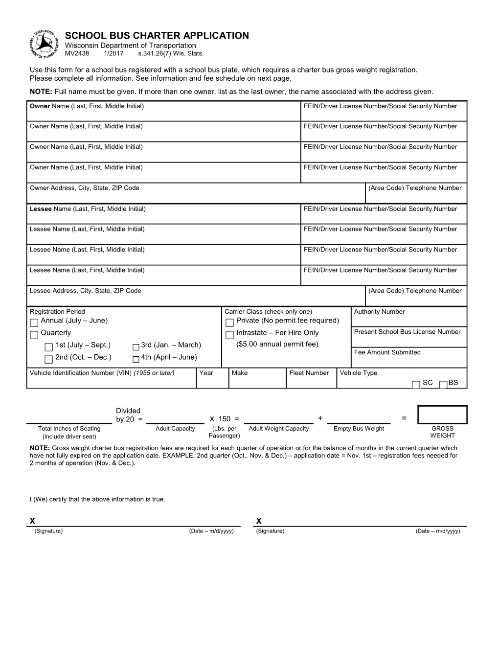 MV2438 School Bus Charter Application