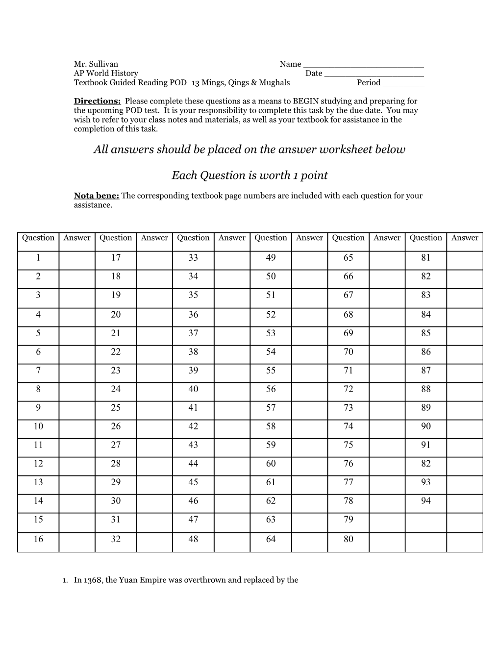 Textbook Guided Reading Students Will Answer a Series of Multiple Choice Questions Based