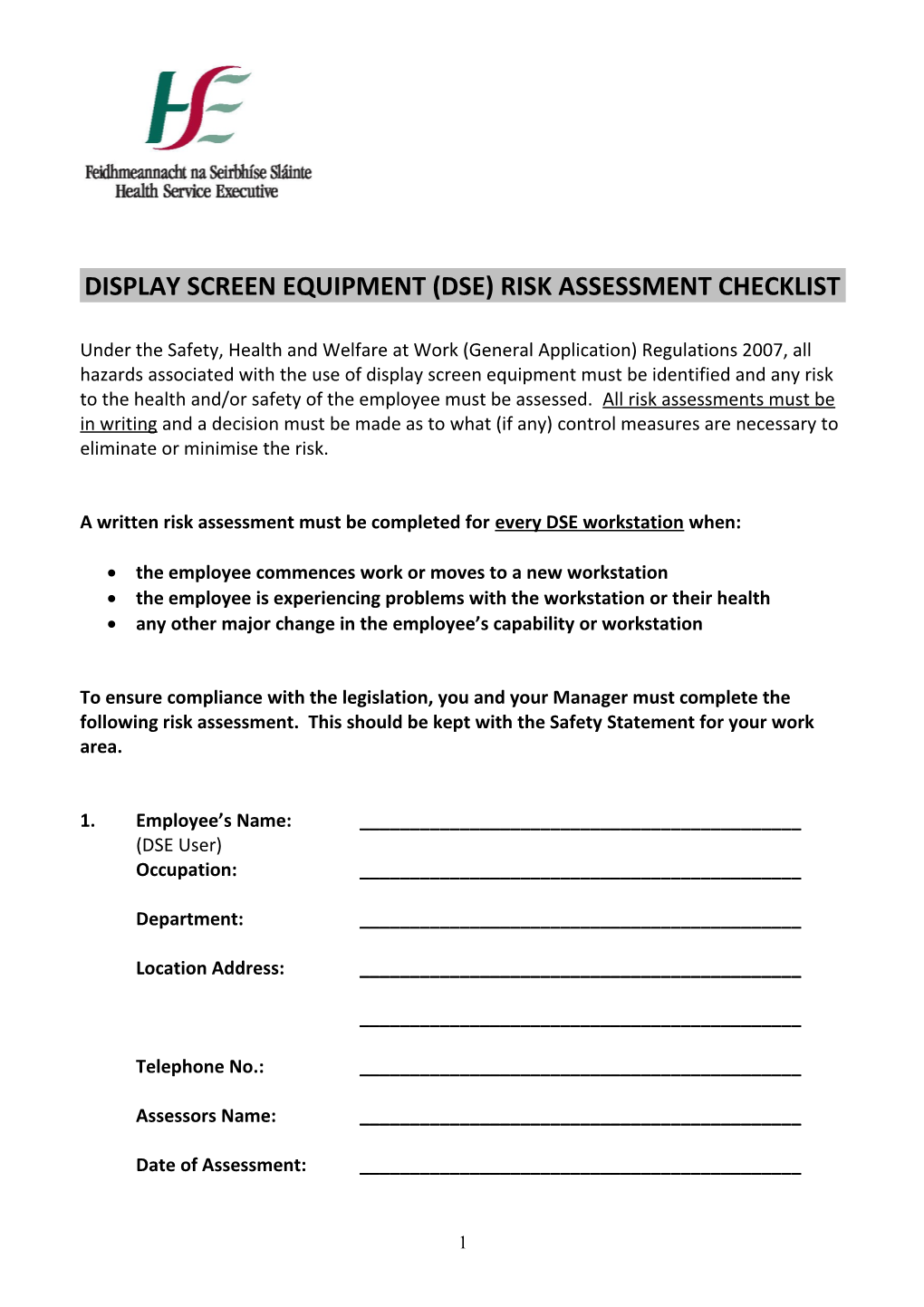 DISPLAY SCREEN EQUIPMENT (Dse) RISK ASSESSMENT CHECKLIST