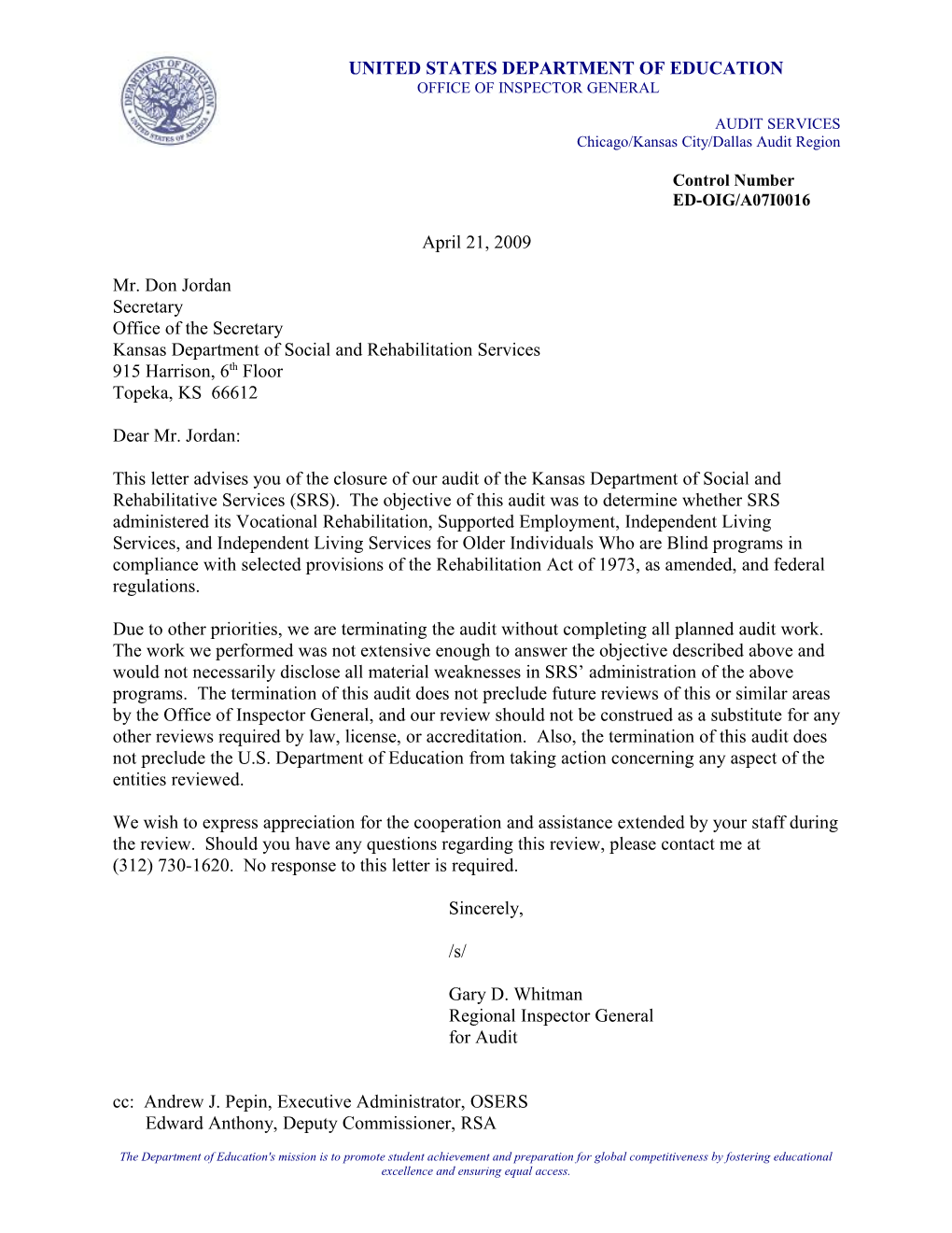 OIG Audit A07I0016 - Closeout Letter (MS Word)