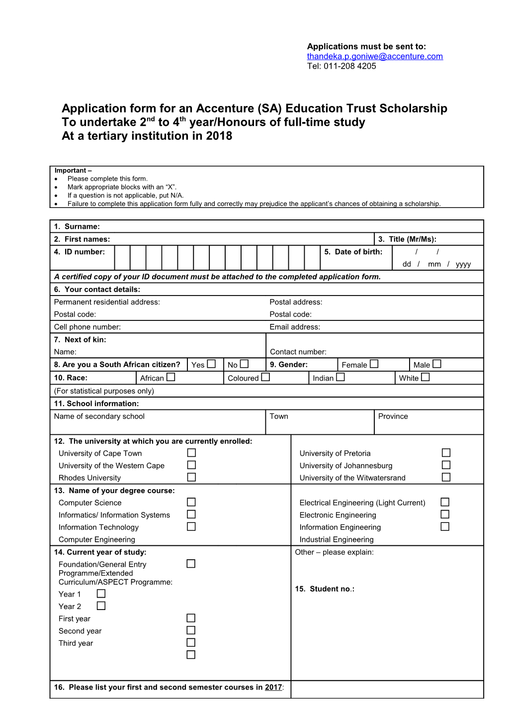 Application Form for an Accenture (SA) Education Trust Scholarship