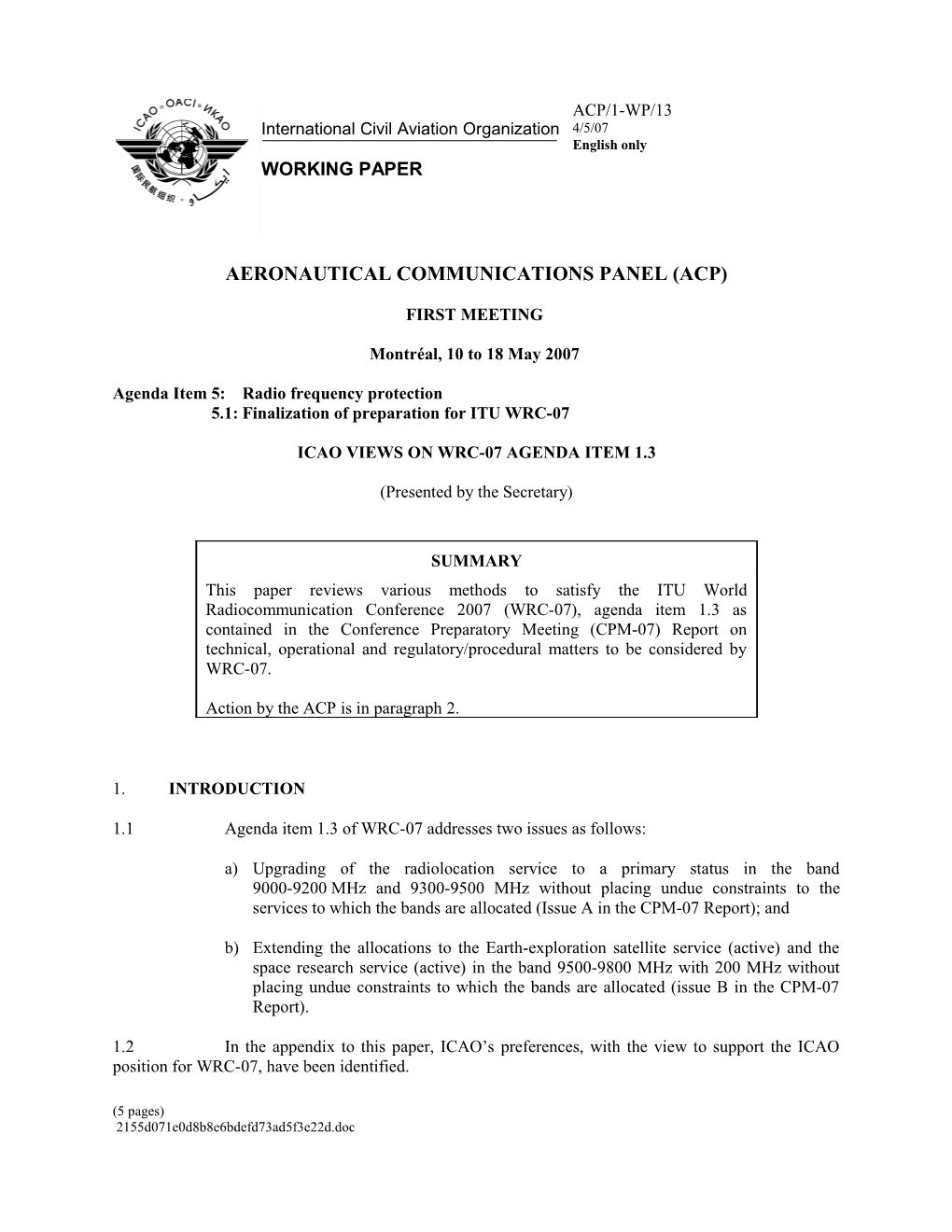 ICAO Views on WRC-07 Agenda Item 1.3