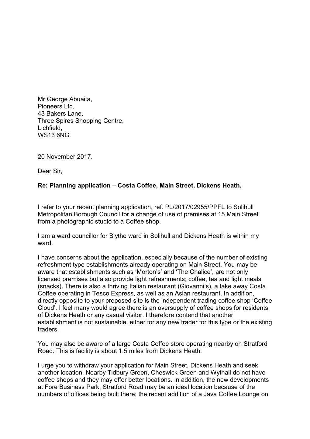 Re: Planning Application Costa Coffee, Main Street, Dickens Heath