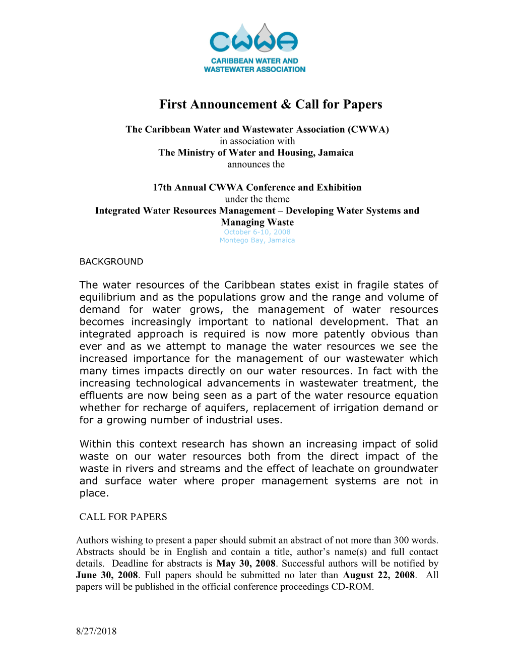 First Announcement & Call for Papers