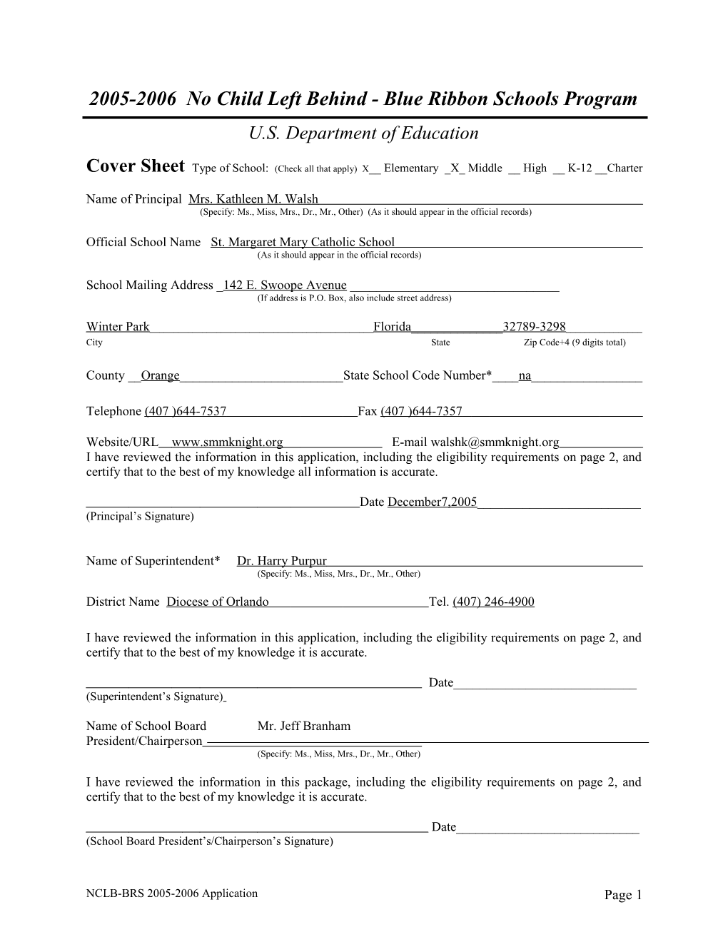 Application: 2005-2006, No Child Left Behind - Blue Ribbon Schools Program (Msword) s2