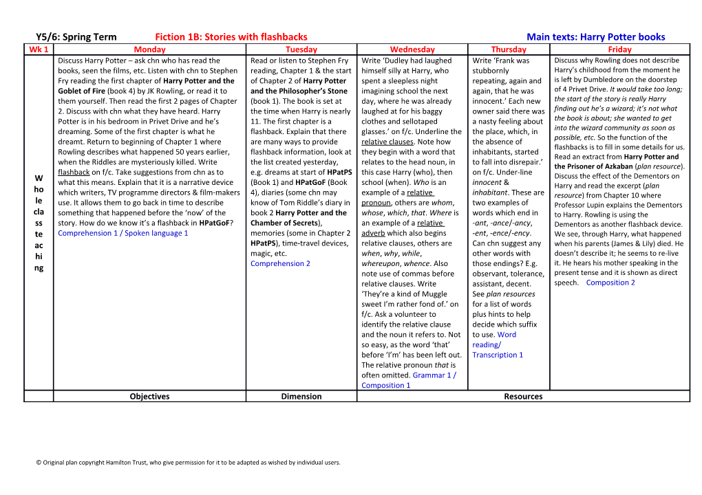 Y5/6: Spring Term Fiction 1B: Stories with Flashbacks Main Texts: Harry Potter Books