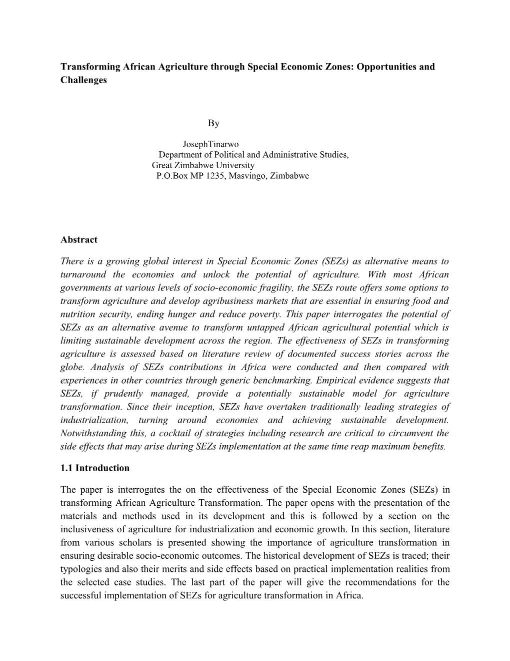 Transforming African Agriculture Through Special Economic Zones: Opportunities and Challenges