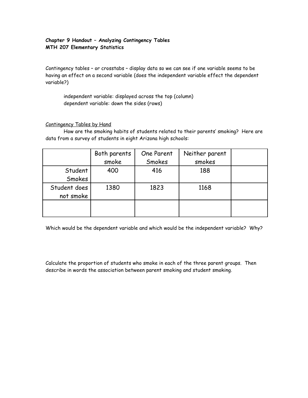 Chapter 7 Handout Analyzing Contingency Tables