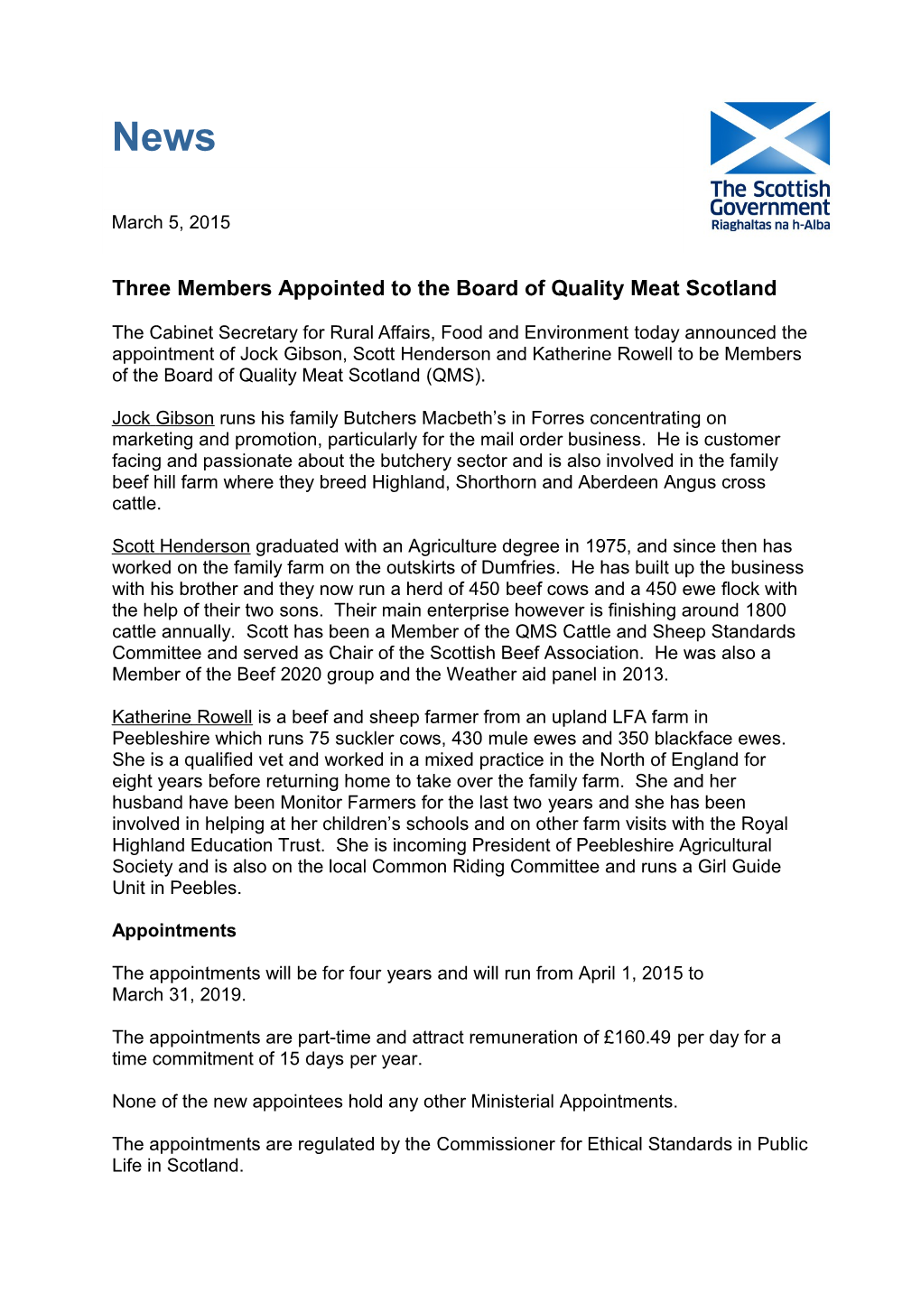 Threemembers Appointed to the Board of Quality Meat Scotland