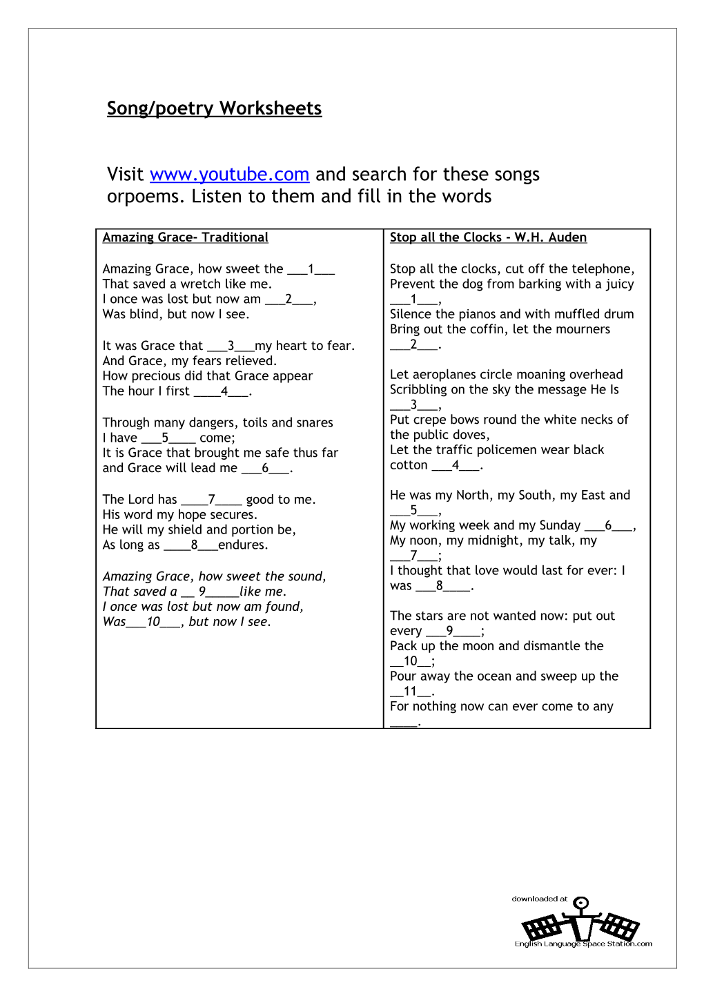 Song/Poetry Worksheets