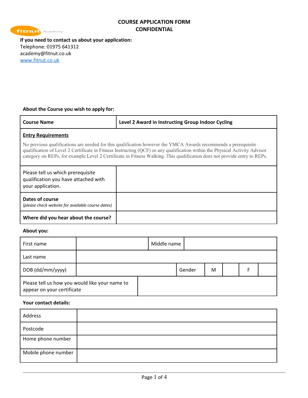 Fitnut Academy Course Application Form