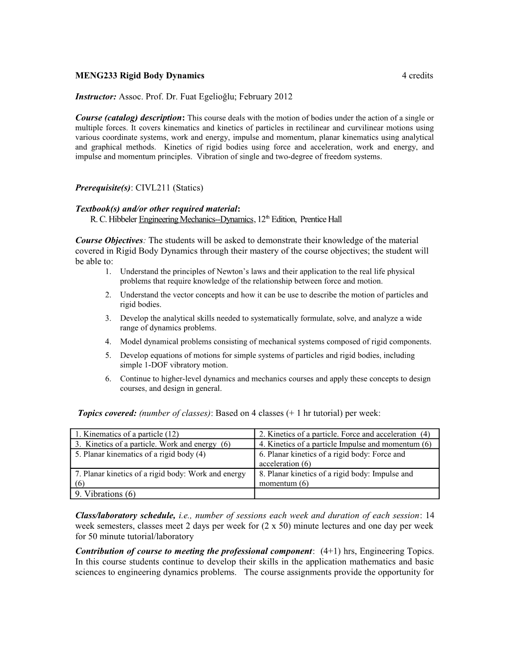 Examples of the ABET Two Page Syllabus