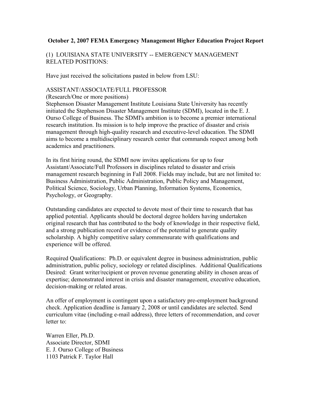 October 2, 2007 FEMA Emergency Management Higher Education Project Report