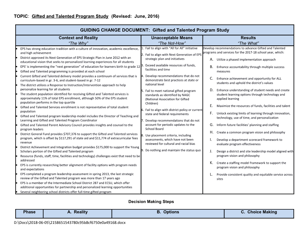 Early Childhood to Grade 5 Academic Programming Study Guiding Change