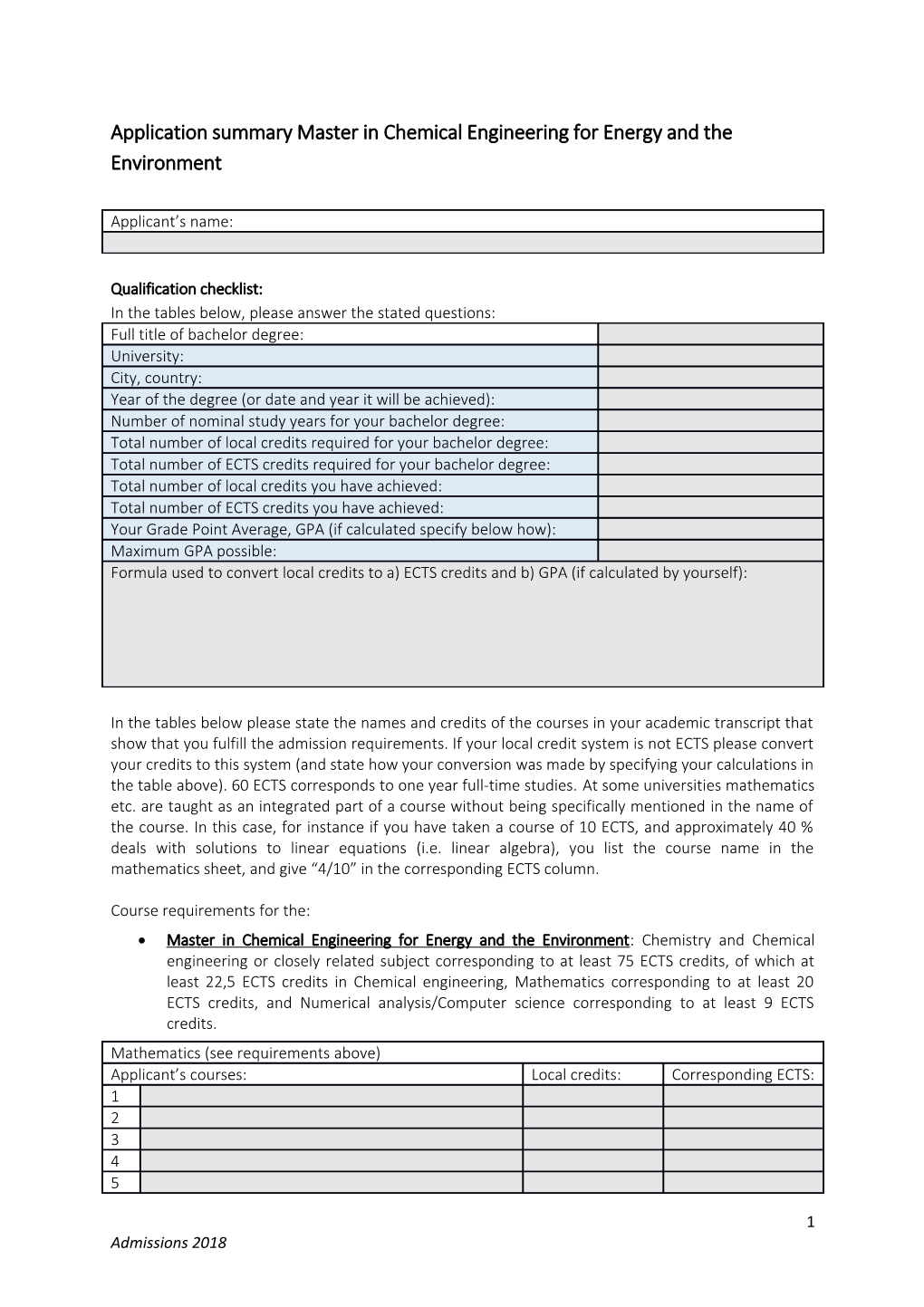 Application Summarymaster in Chemical Engineering for Energy and the Environment