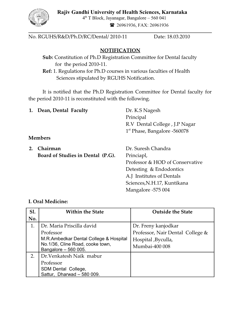 Sub: Constitution of Ph.D Registration Committee for Dental Faculty