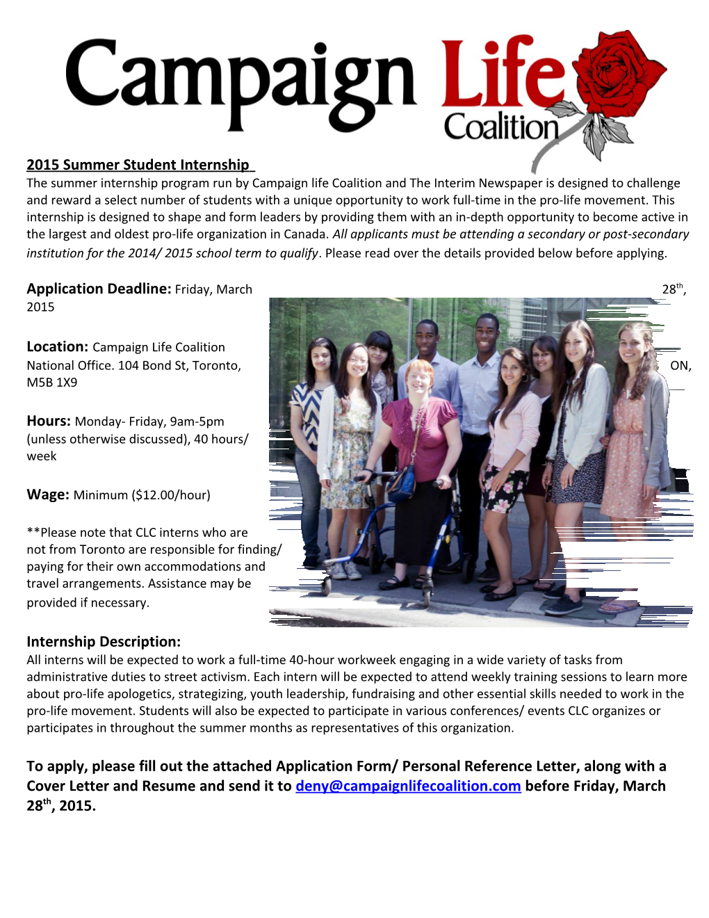 2015 Summer Student Internship the Summer Internship Program Run by Campaign Life Coalition