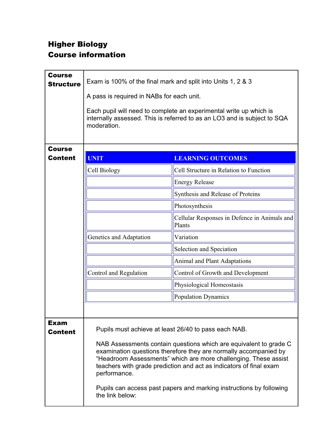 Proposed Information for Parent's of S5/S6 Higher Pupils