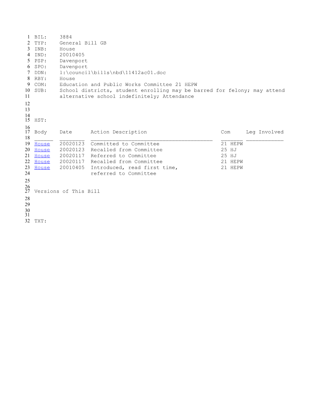 2001-2002 Bill 3884: School Districts, Student Enrolling May Be Barred for Felony; May