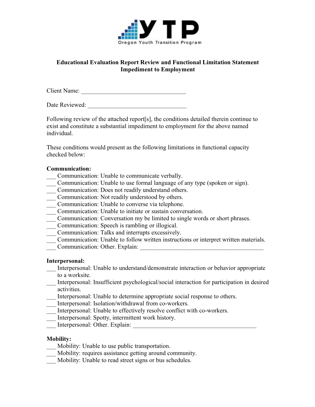 Educational Evaluation Report Review and Functional Limitation Statement