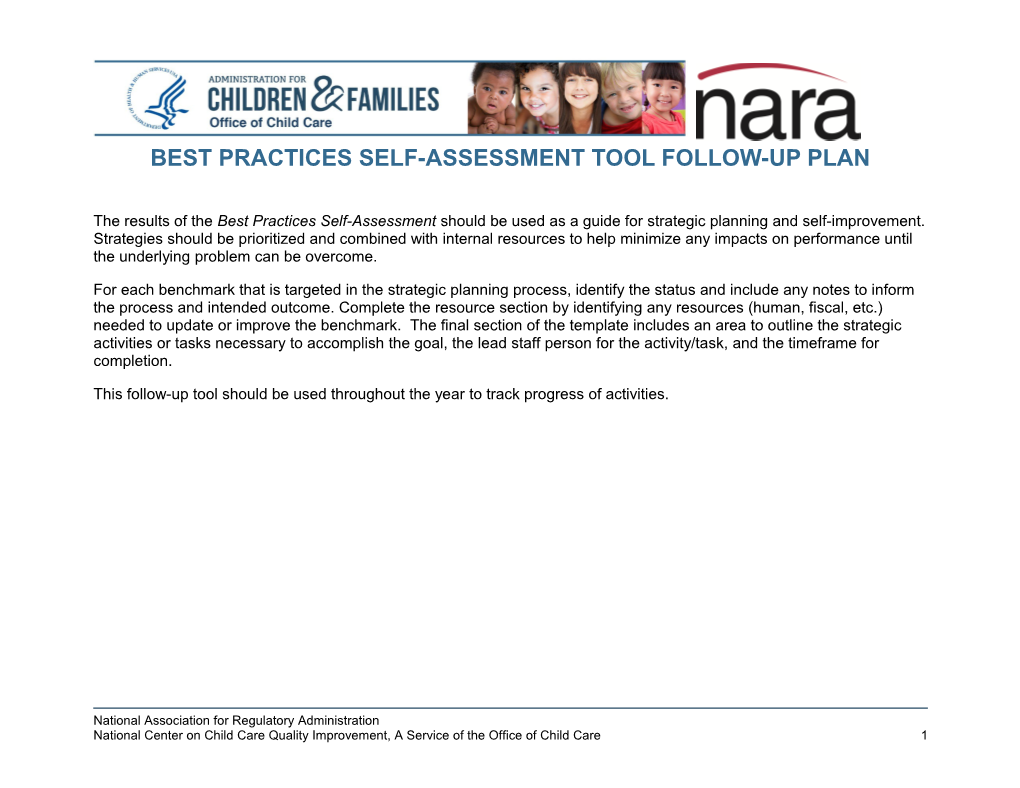 Best Practices Self-Assessment Tool Follow-Up Plan