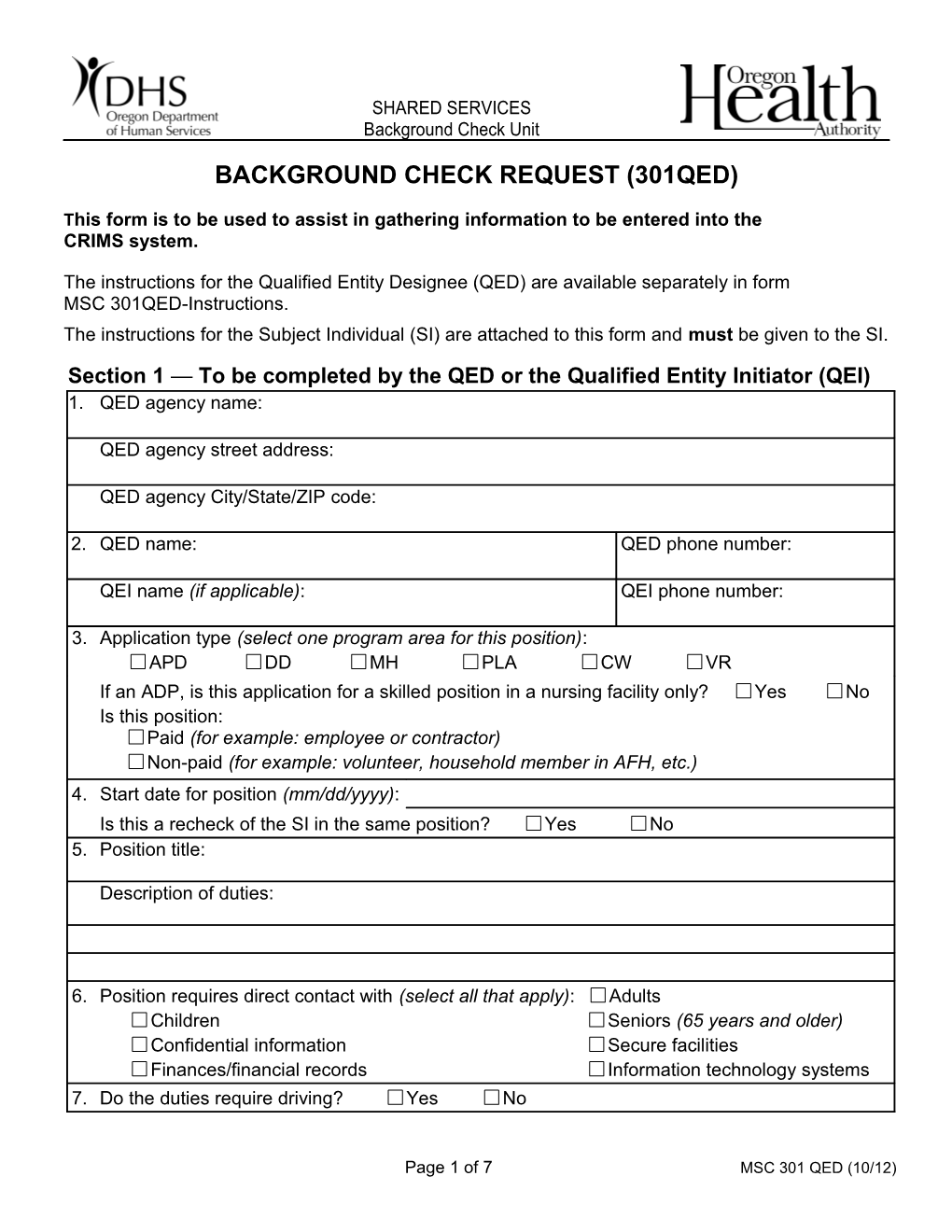 Background Check Request (301QED) 11/12