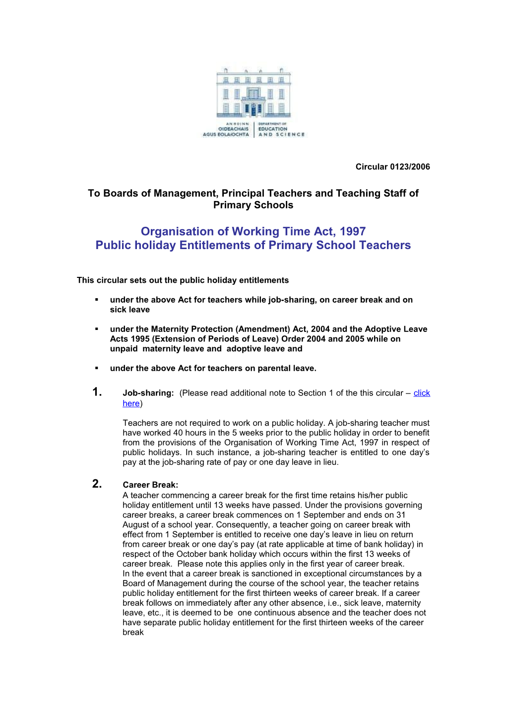 Circular 0123/2006 - Organisation of Working Time Act, 1997 Public Holiday Entitlements