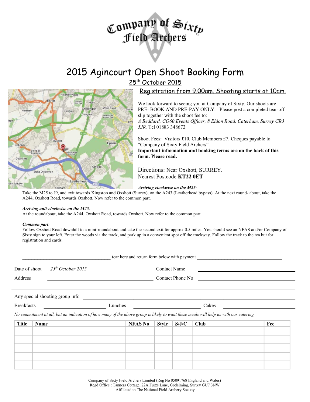 2015 Agincourt Open Shoot Booking Form