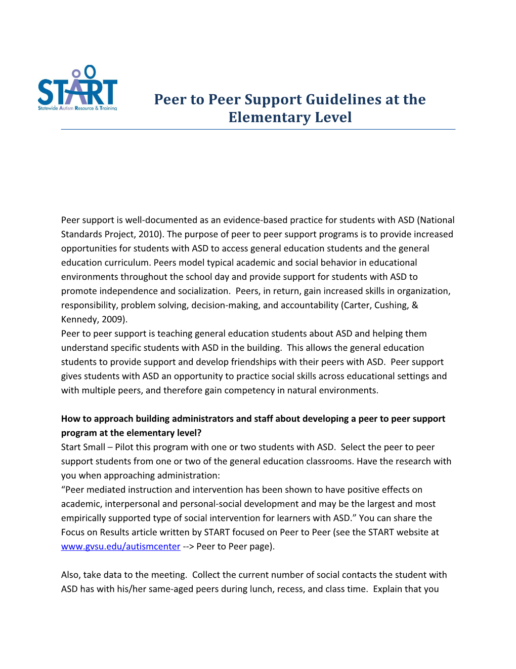 Peer to Peer Support Guidelines at the Elementary Level