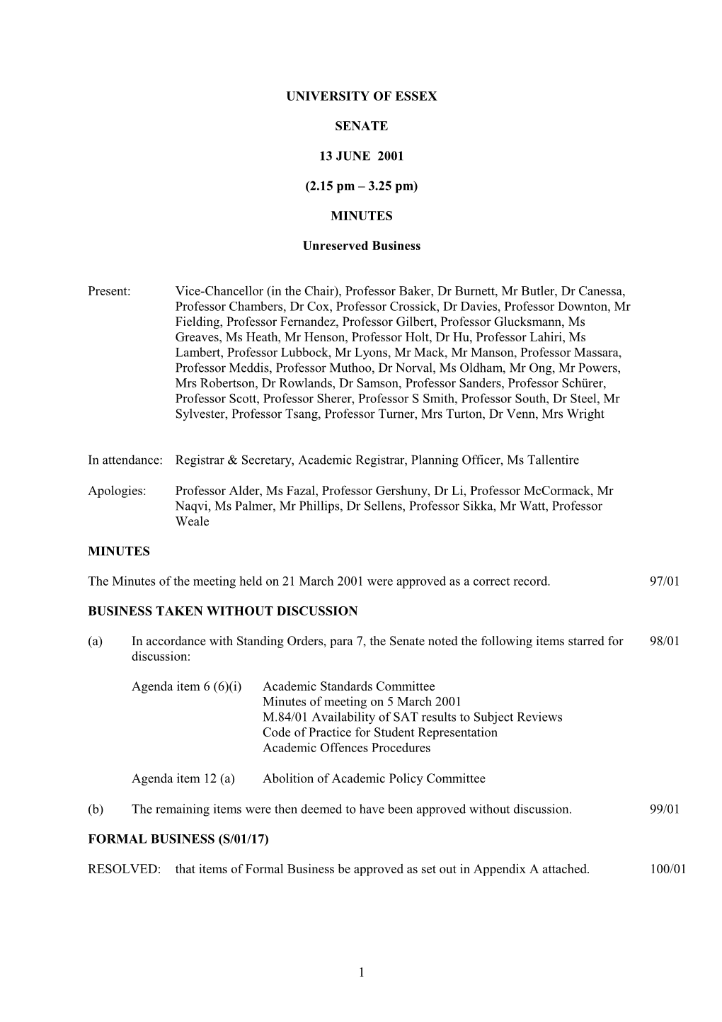Senate Minutes June 2001 - University of Essex