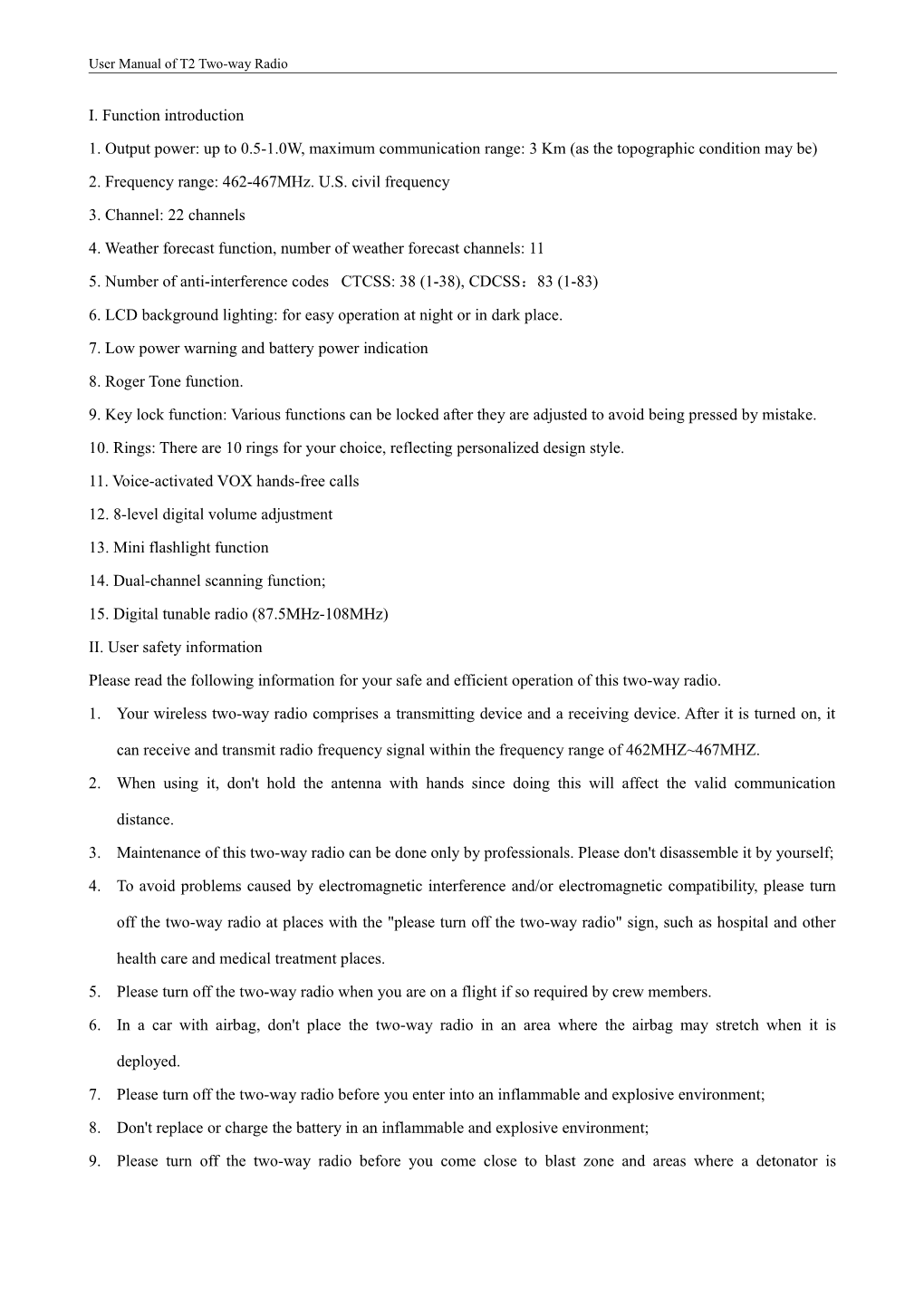 User Manual of T2 Two-Way Radio