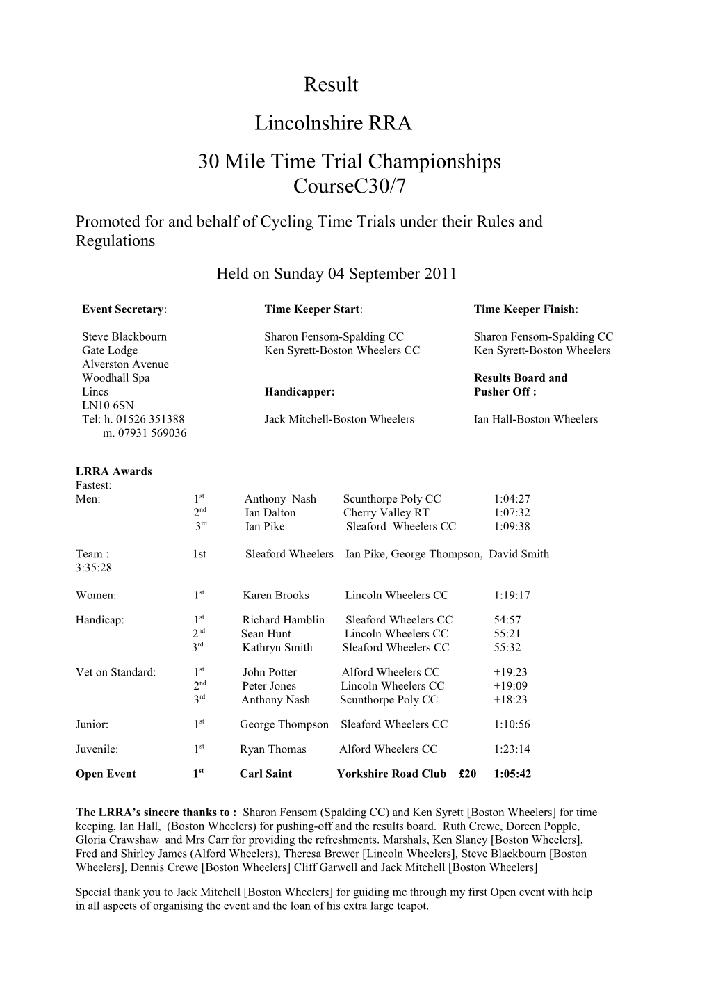 30 Mile Time Trial Championships