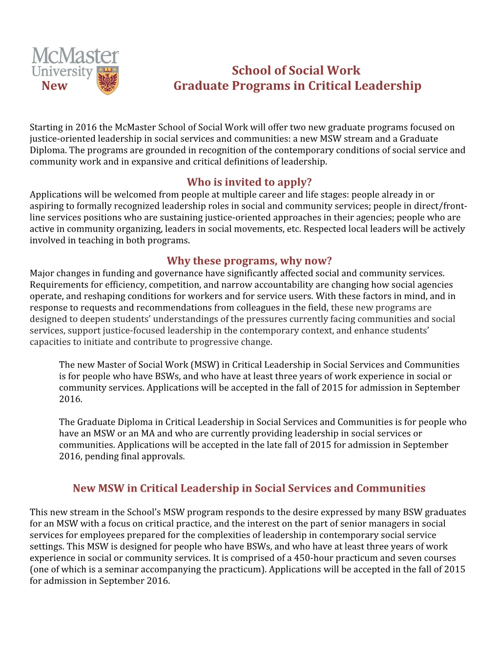 Brochure for New Social Work Graduate Programs