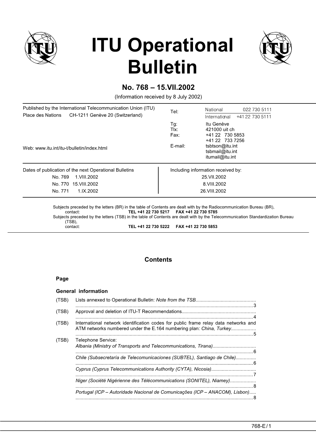 ITU Operational Bulletin 768 - 15.VII.2002