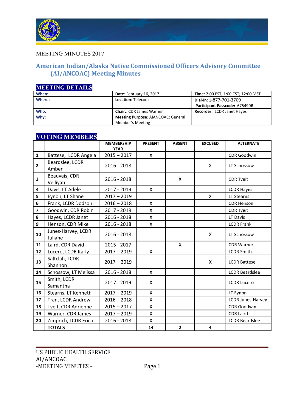 American Indian/Alaska Native Commissioned Officers Advisory Committee (AI/ANCOAC) Meeting