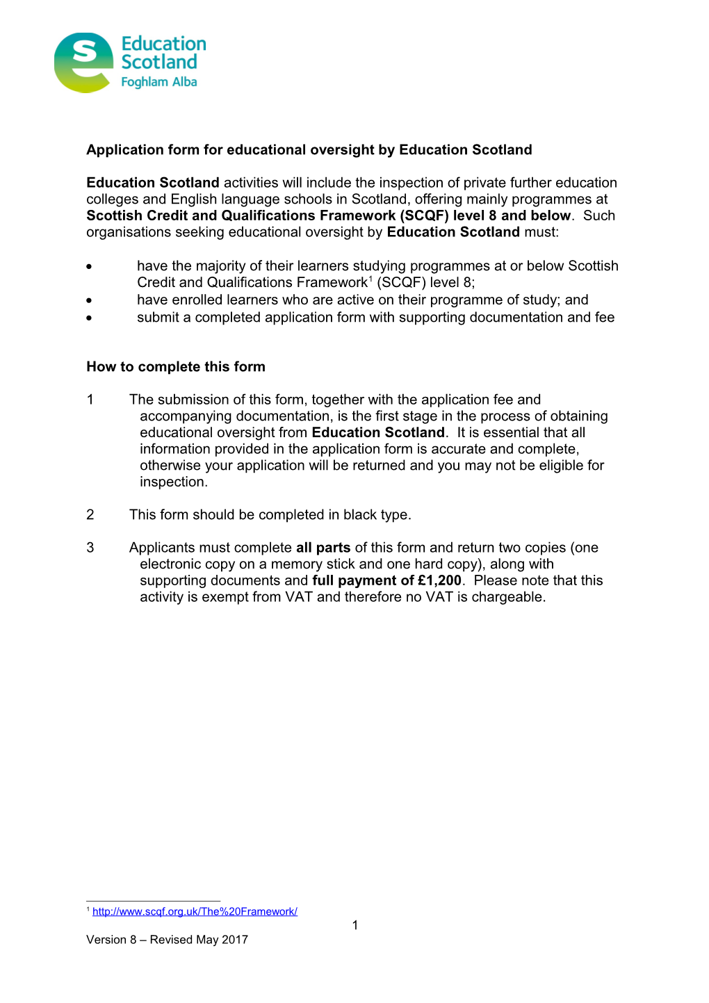 Application Form for Educational Oversight by Education Scotland