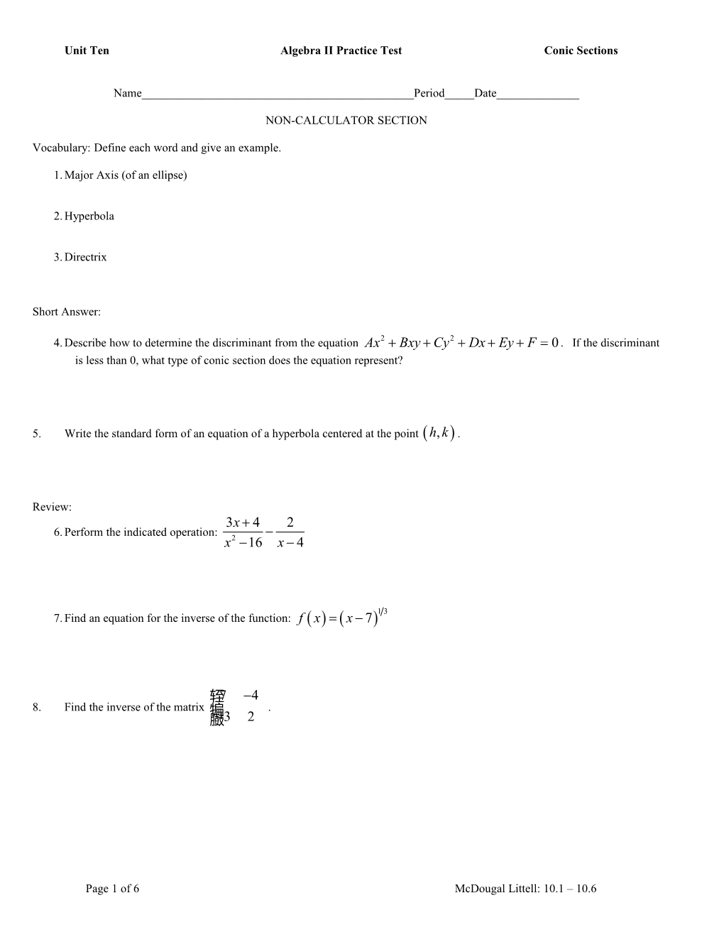 Unit Tenalgebra II Practice Testconic Sections