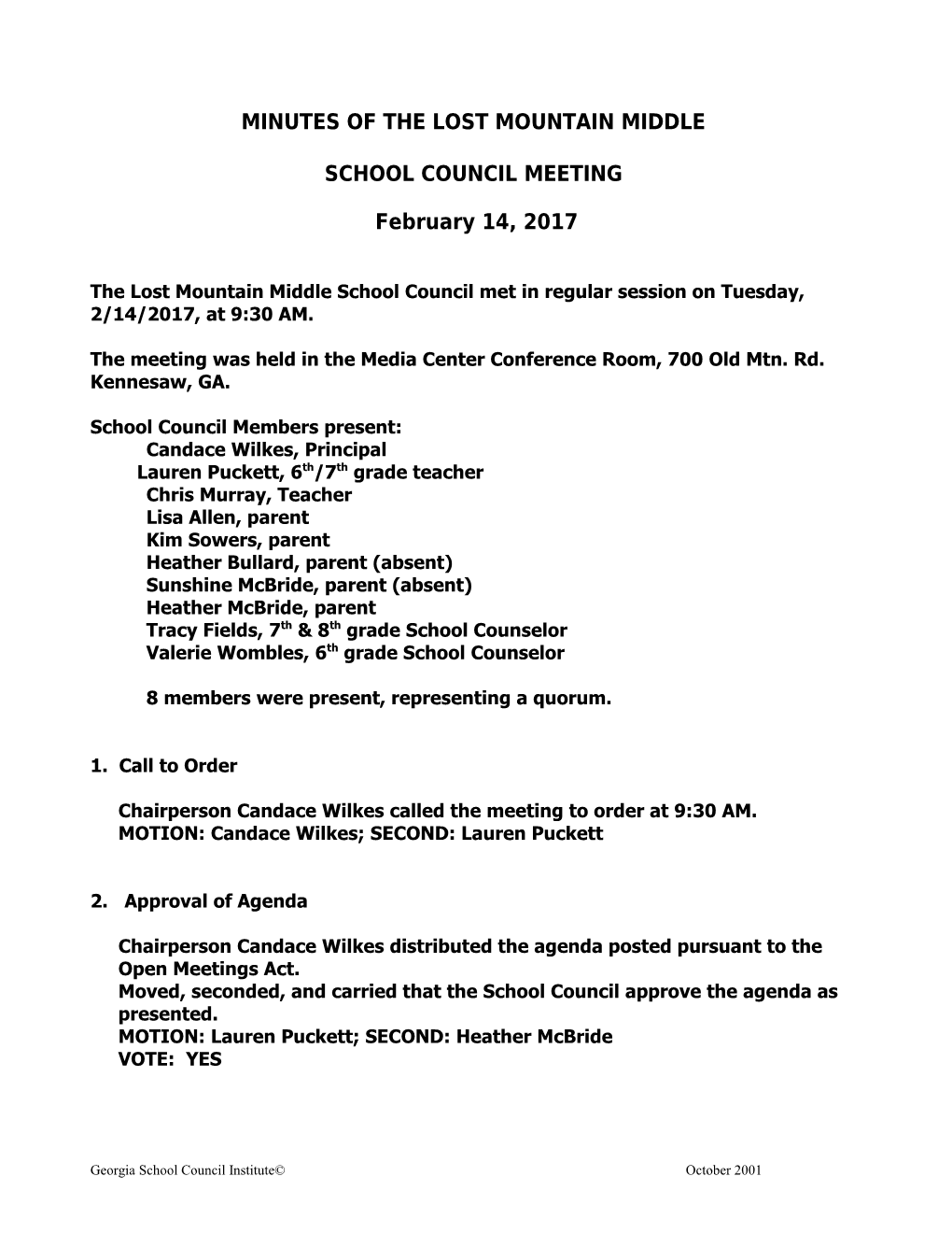 Sample Minutes of School Council Meetings