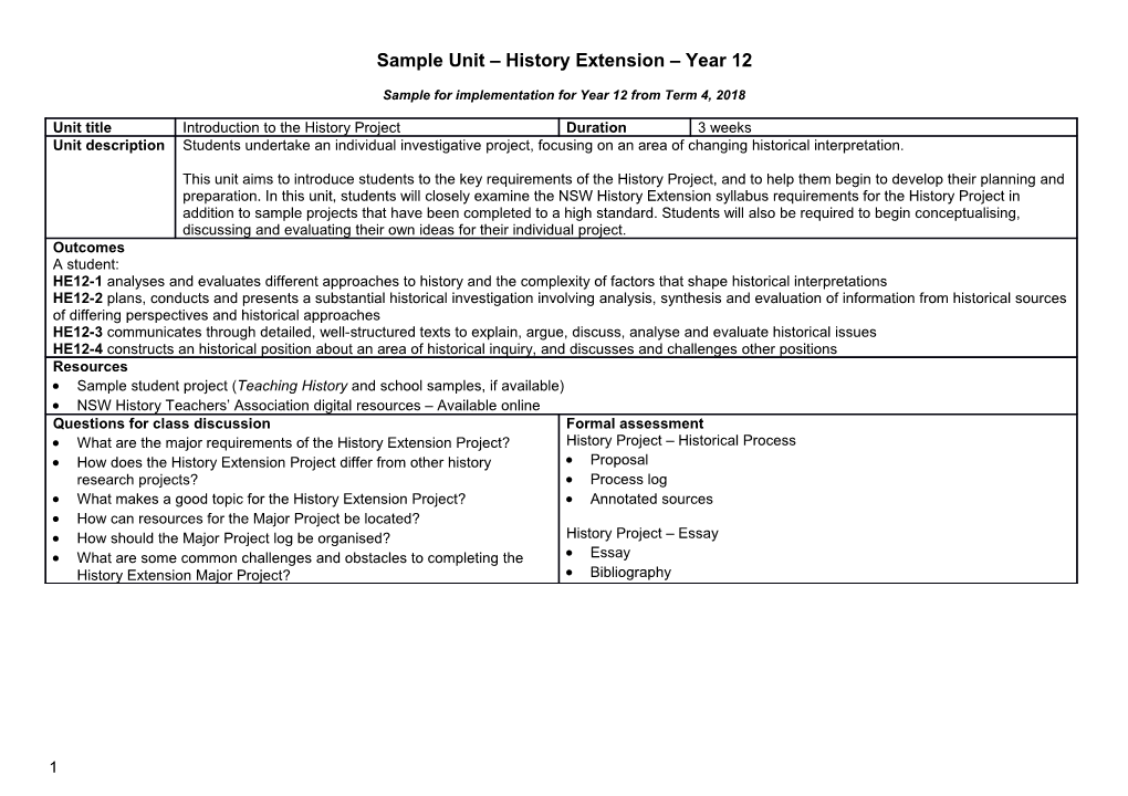 Sample Unit - Introduction to the Project - Year 12 - History Extension